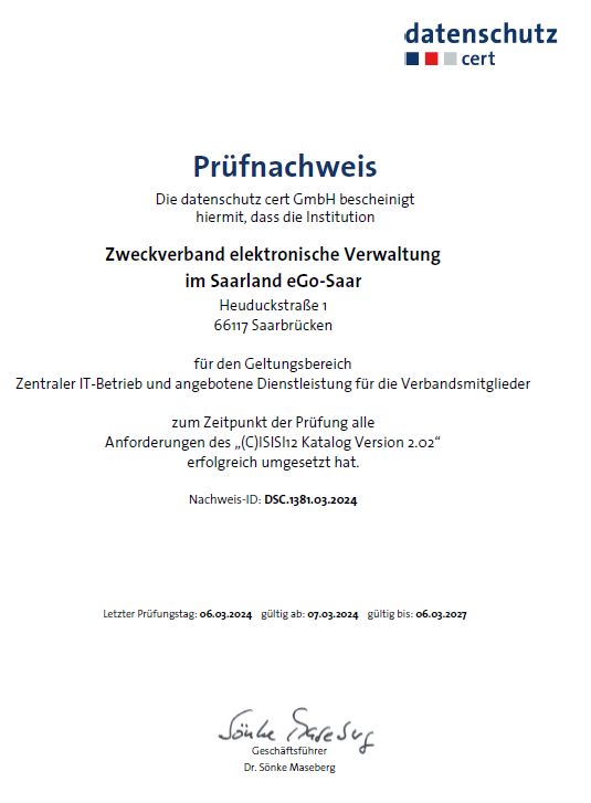 Prüfnachweis der CISIS12 Zertifizierung des eGo-Saar
